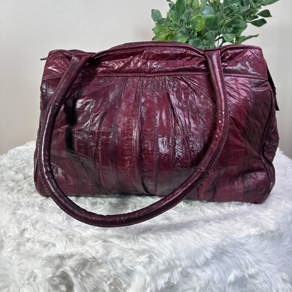 Vintage Burgundy Eel Skin Shoulder Bag Paneled Leather Satchel Korea